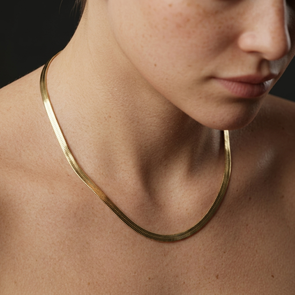 Model wearing the Shoreline Herringbone Necklace close to the neckline