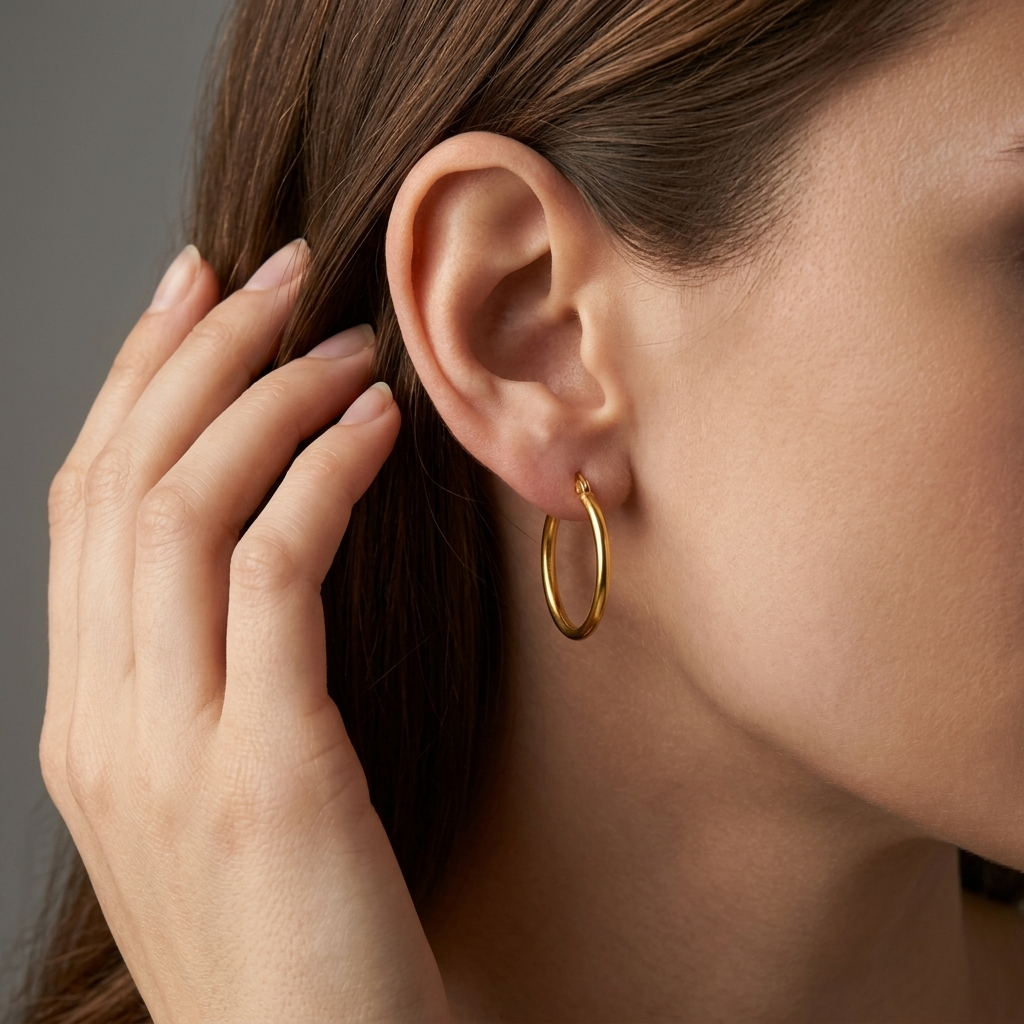 Close-up of a model wearing the polished gold Meadow Hoop Earrings