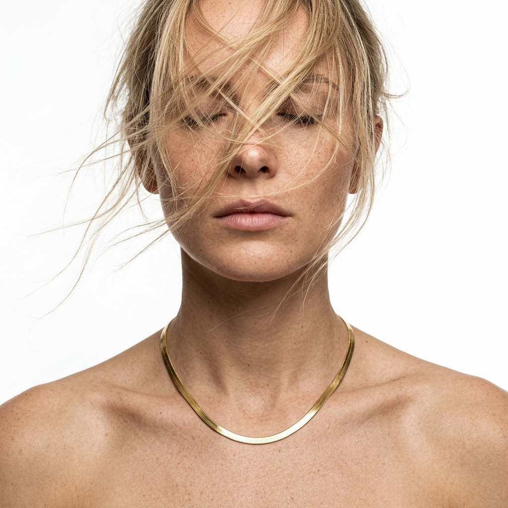 Front view of a model wearing the smooth gold Shoreline Herringbone Necklace