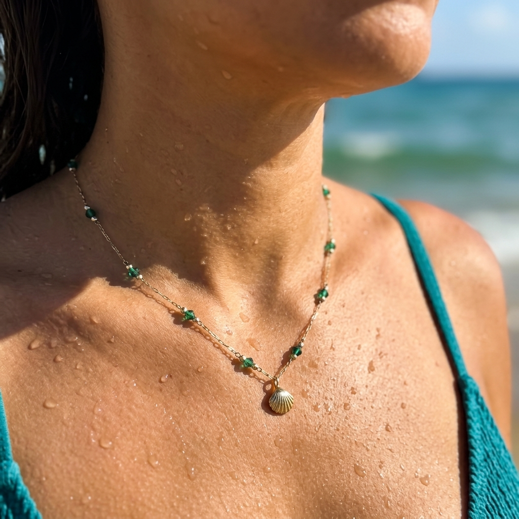 Model by the sea wearing the Seabright Shell Pendant Necklace with green bead details