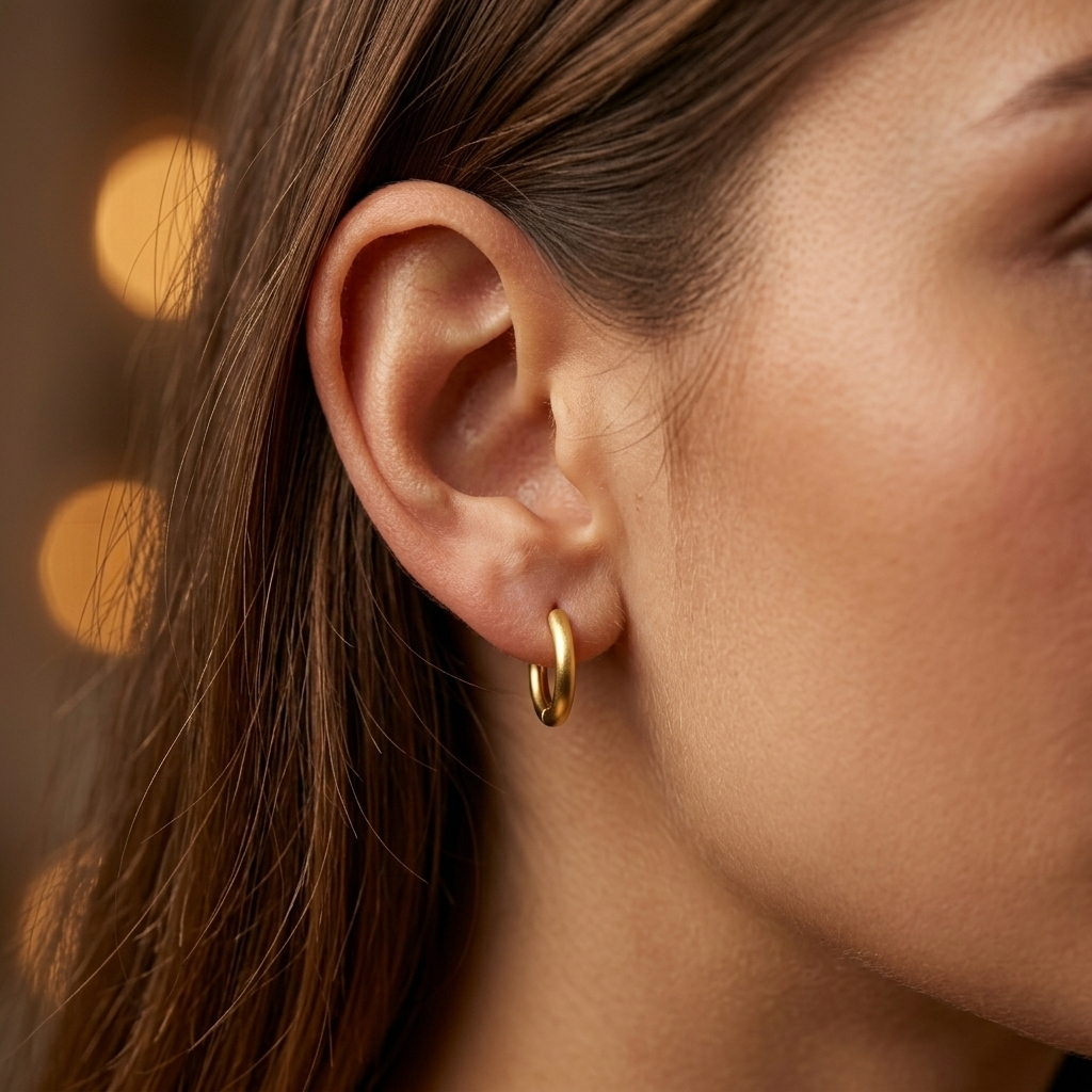 Close-up of a model wearing the small Little Joy Huggie Hoops