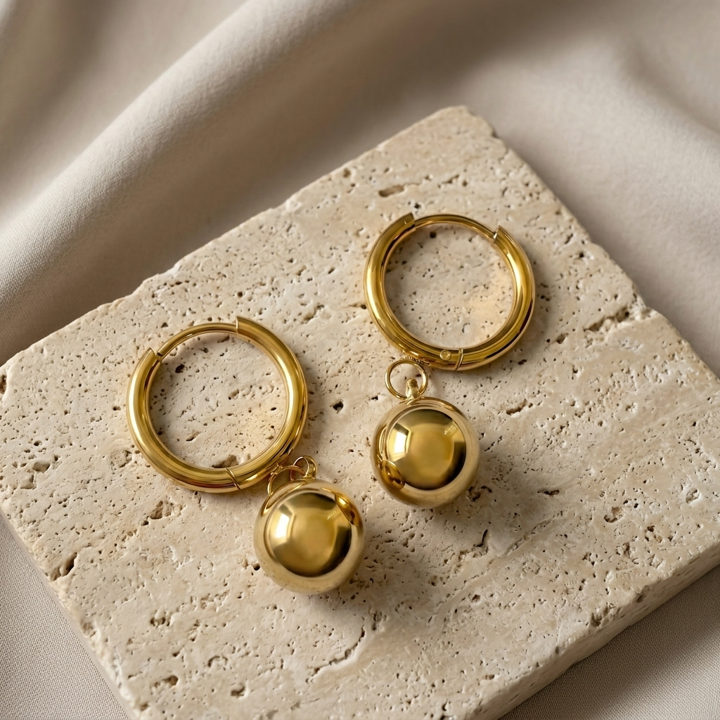 Luna Drop Earrings arranged on pale travertine to show their rounded drop shape