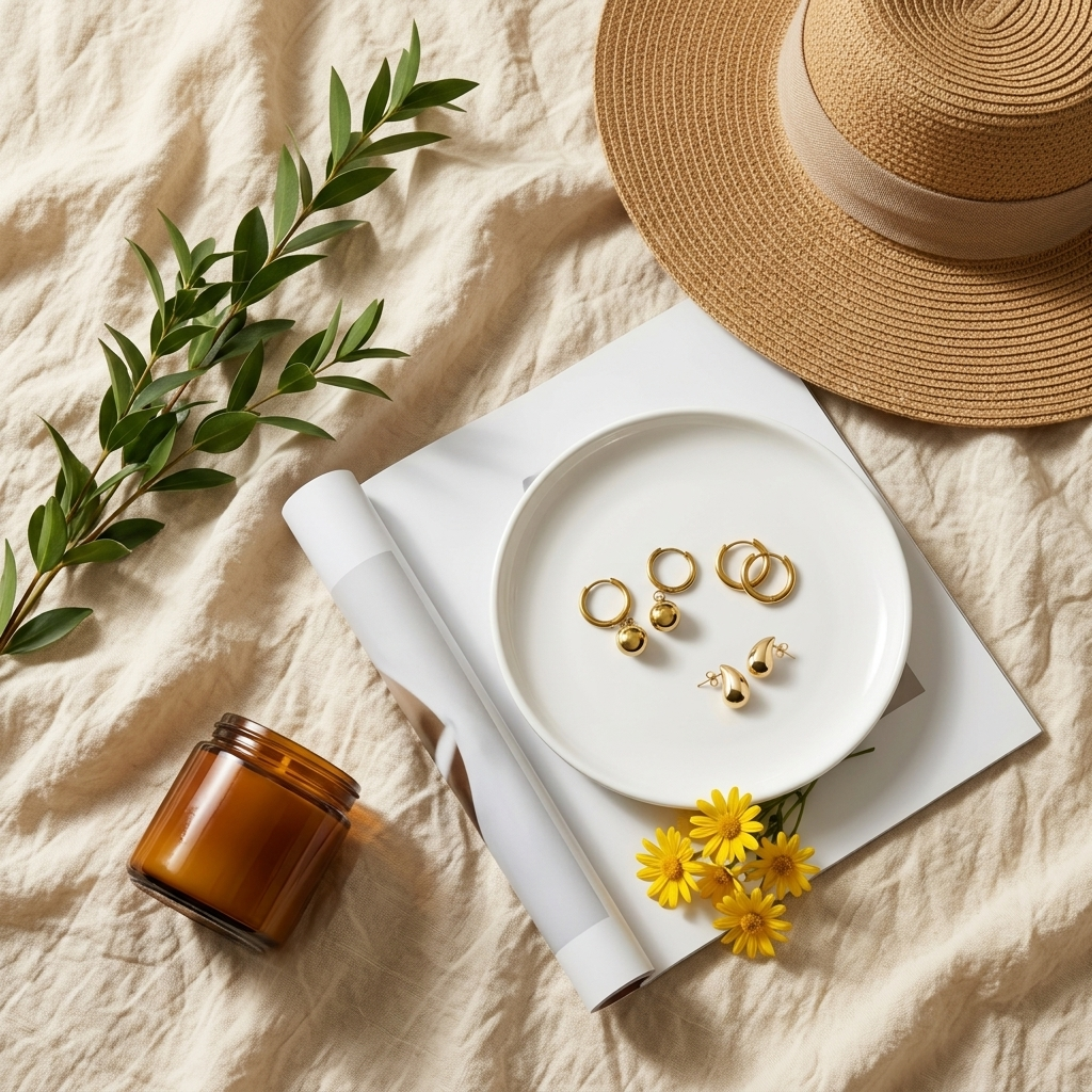 Summer jewellery flat lay with Morning Light Teardrop Earrings, straw hat and linen