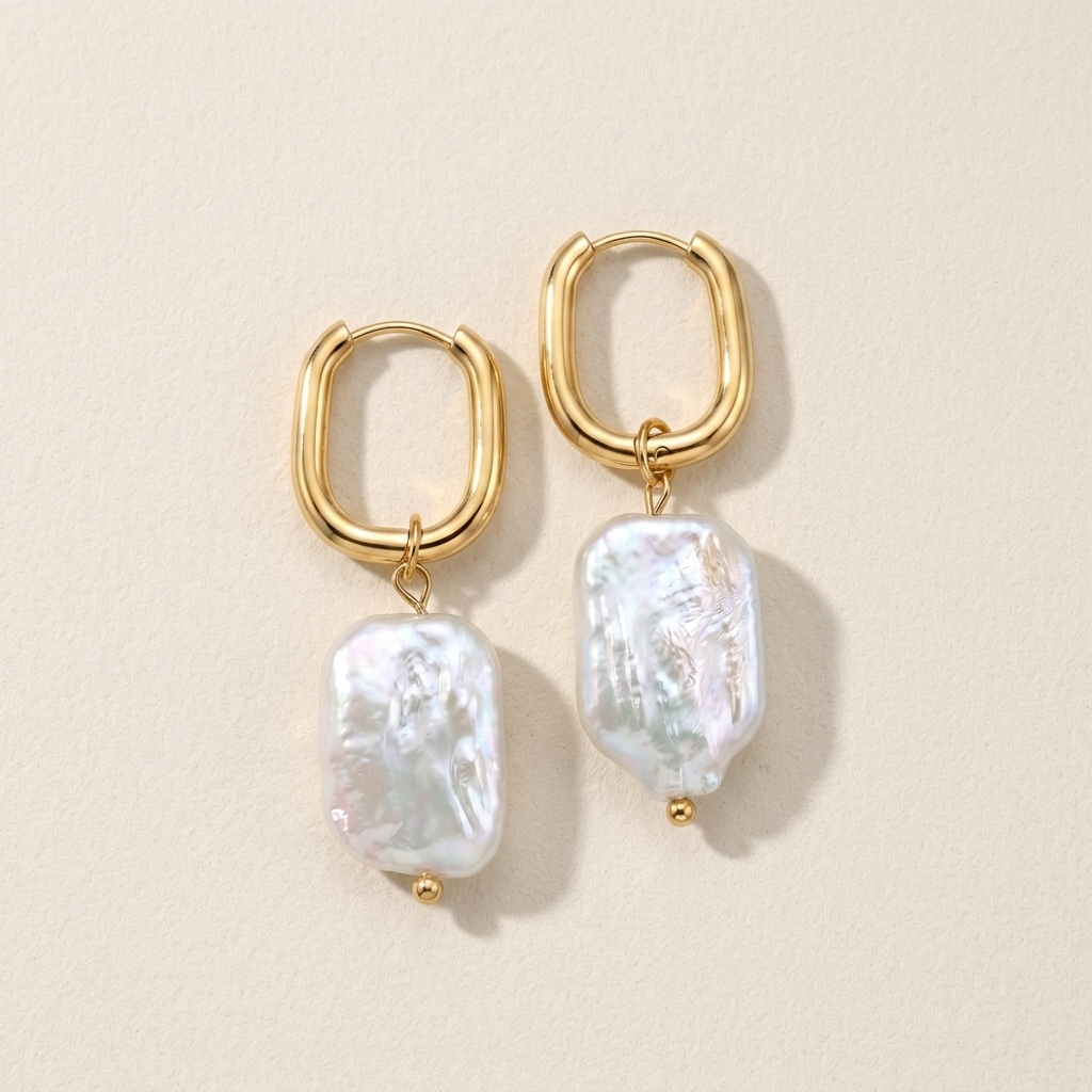 Pair of Rosebay Pearl Drop Earrings with gold hoop tops and irregular white pearls