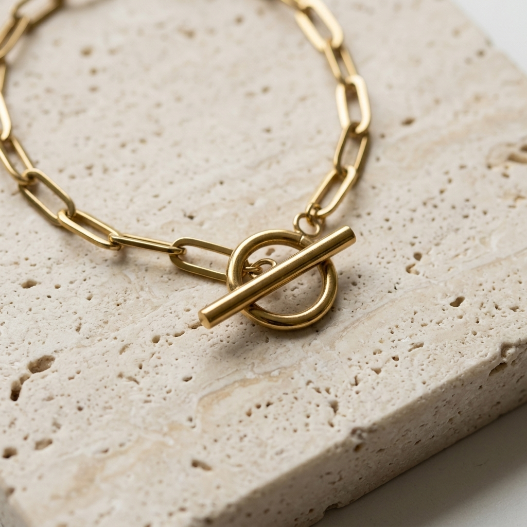 Close-up of the Travertine T-Bar Bracelet and sculptural toggle clasp on pale stone