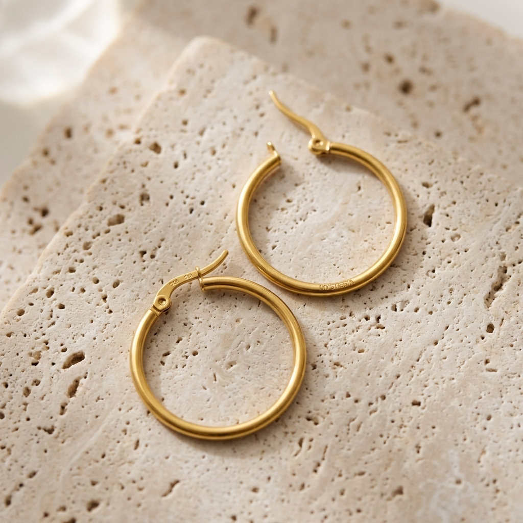 Pair of slim Meadow Hoop Earrings resting on pale travertine