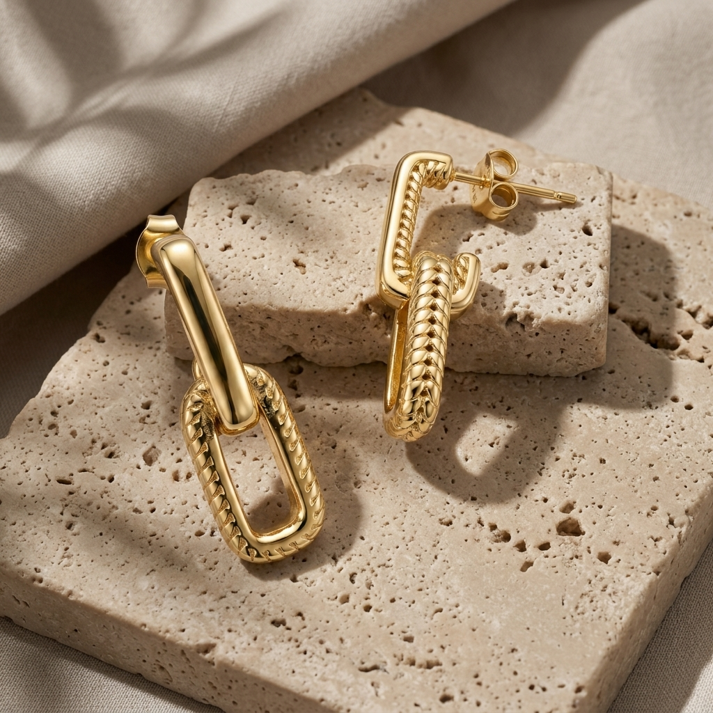 Travertine Link Earrings arranged on pale stone to show their textured link detail