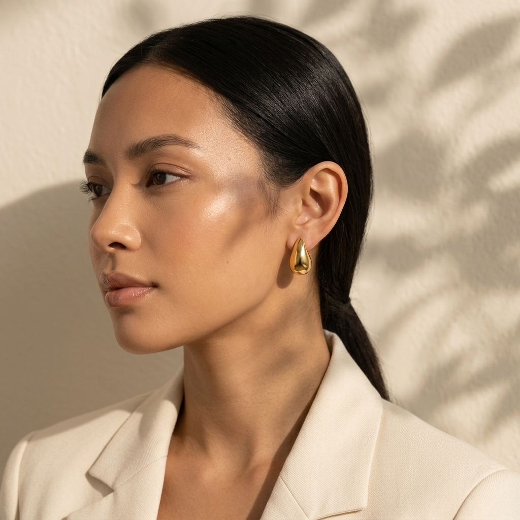 Model wearing the polished Morning Light Teardrop Earrings with a neutral blazer