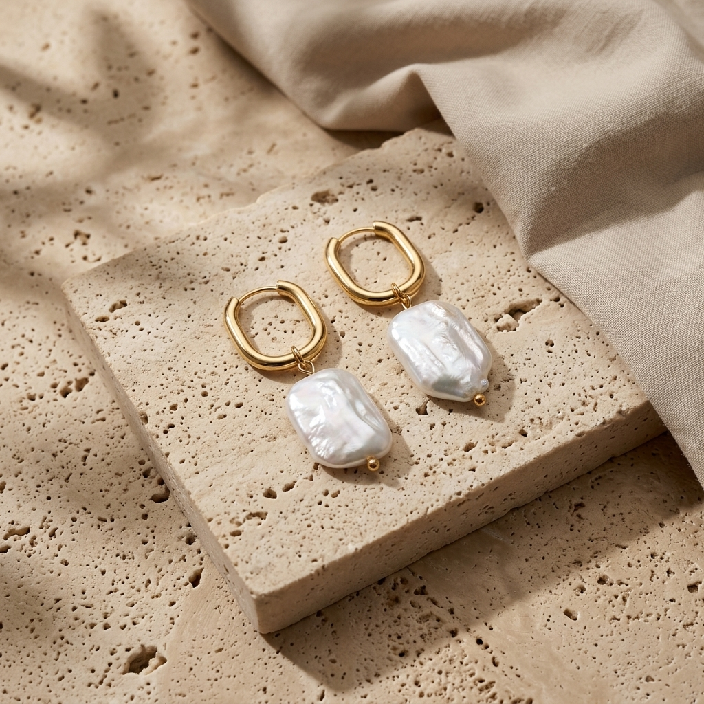 Rosebay Pearl Drop Earrings arranged on pale travertine with gold hoops and white pearls