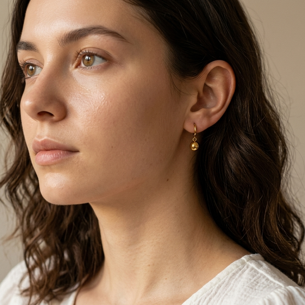 Model wearing the Luna Drop Earrings with a soft white blouse