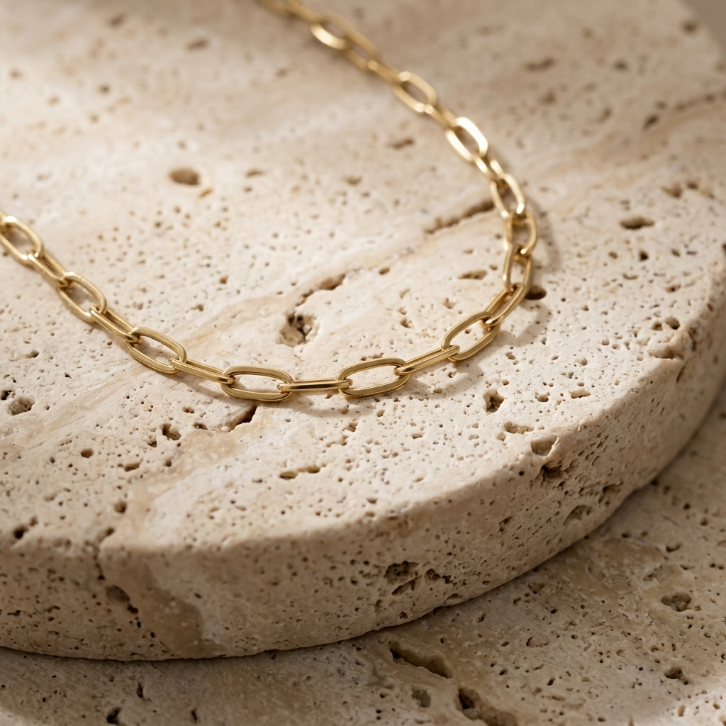Close-up of the Sunday Paperclip Chain Necklace resting on pale travertine