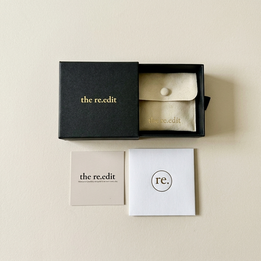 the re.edit jewellery packaging with black gift box, suede pouch and care cards