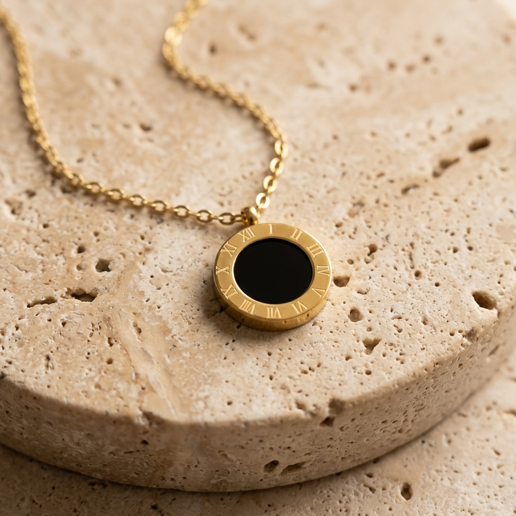 Cove Reversible Pendant Necklace showing the black glass side on pale travertine