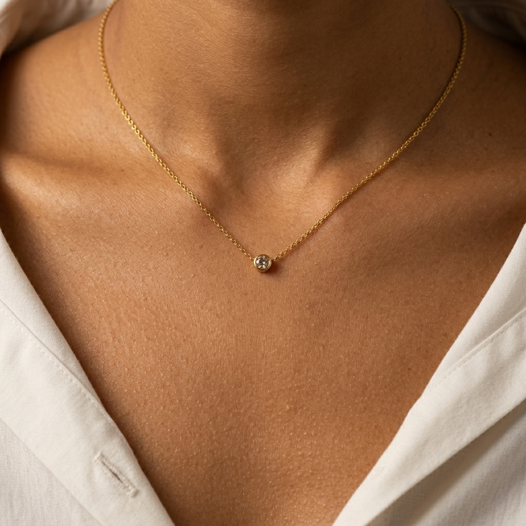 Model wearing the Morning Light Solitaire Necklace against a white blouse