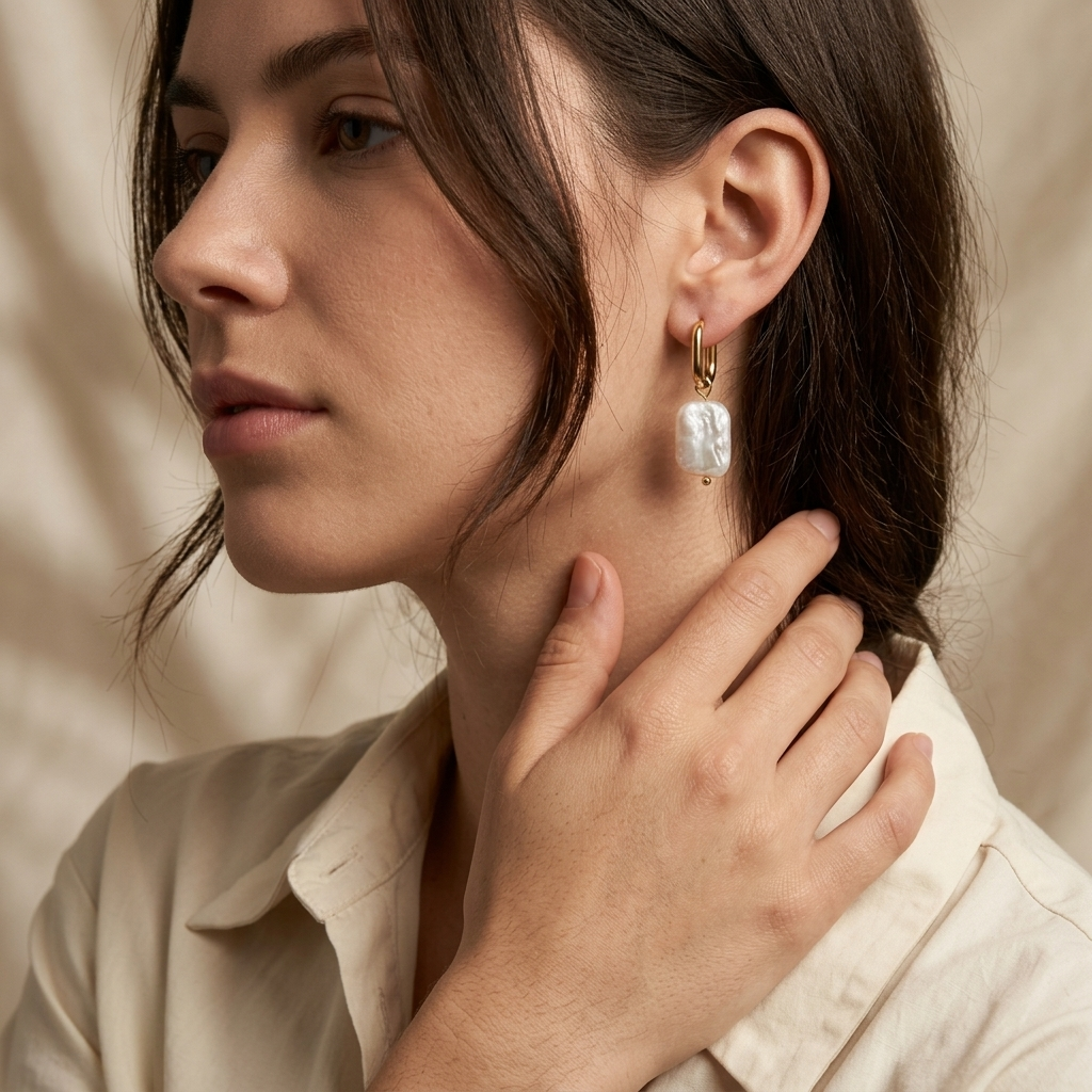 Model wearing the Rosebay Pearl Drop Earrings with natural baroque pearl drops
