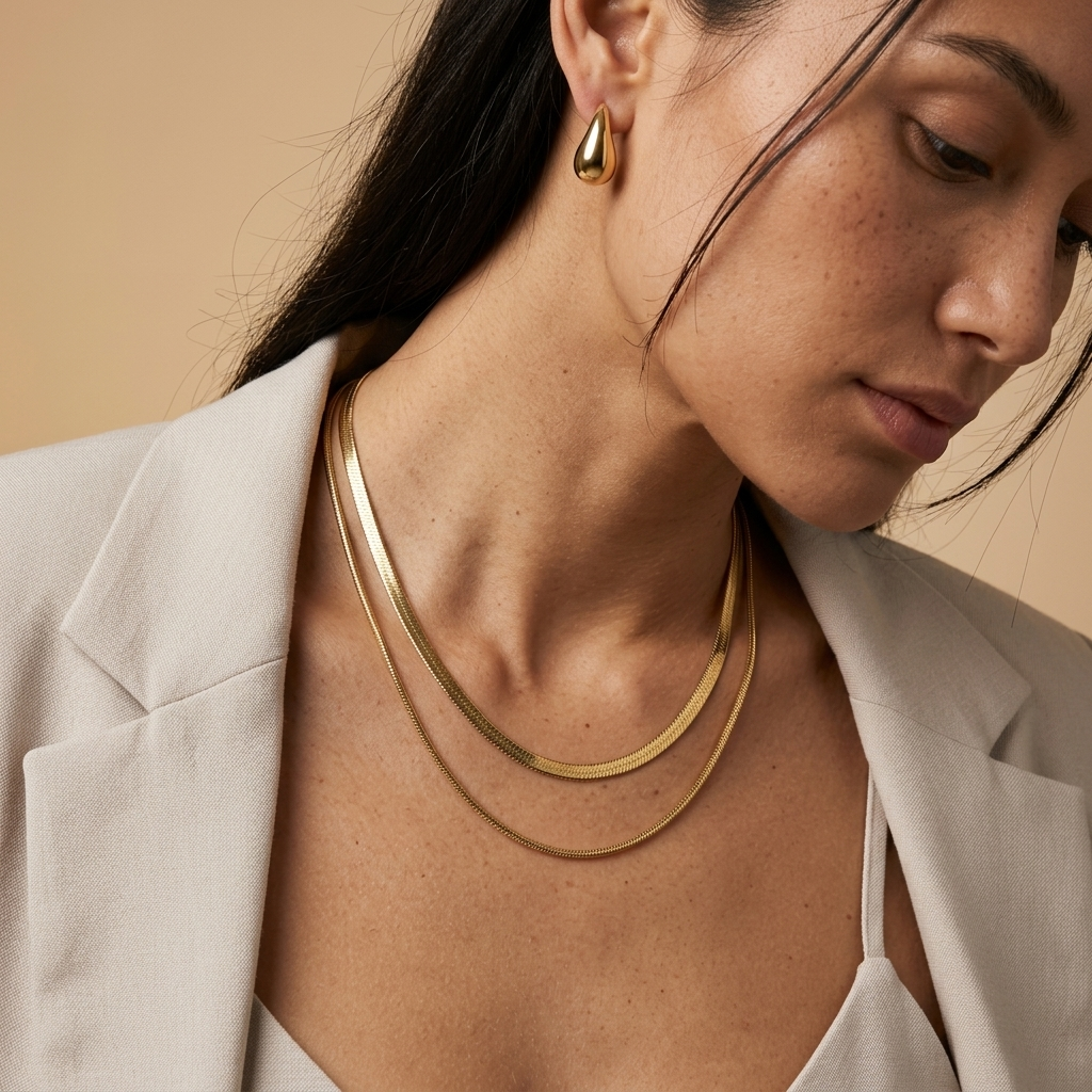 Model wearing the two-chain Shoreline Layered Necklace with a neutral blazer
