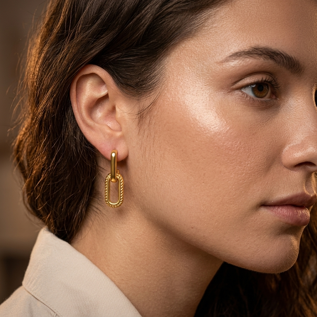 Model wearing the statement Travertine Link Earrings with swept-back hair