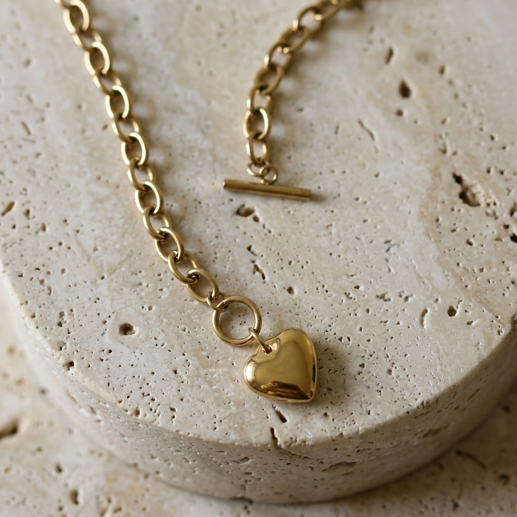 Close-up of the Joyful Heart Necklace and front toggle clasp on travertine