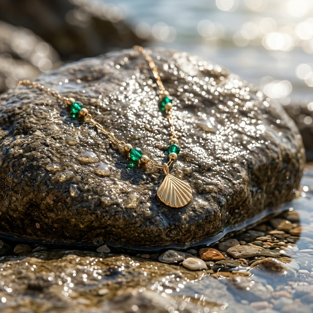 Seabright Shell Pendant Necklace resting on a wet rock beside the sea