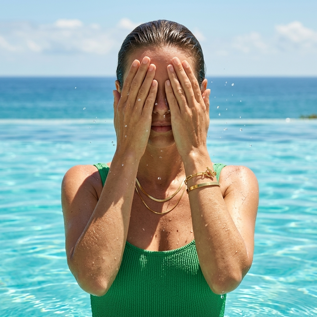 Model beside the pool wearing the Shoreline Layered Necklace and gold bracelets